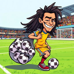 A humorous cartoon illustration of a character resembling a soccer player, with long hair similar to Neymar's, playfully sneaking past a soccer field with a comically large bag of stolen soccer balls