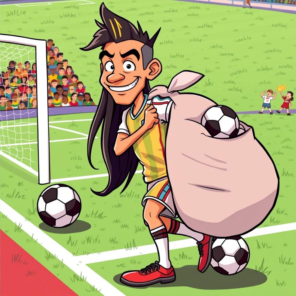 A humorous cartoon illustration of a character resembling a soccer player, with long hair similar to Neymar's, playfully sneaking past a soccer field with a comically large bag of stolen soccer balls
