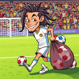 A humorous cartoon illustration of a character resembling a soccer player, with long hair similar to Neymar's, playfully sneaking past a soccer field with a comically large bag of stolen soccer balls