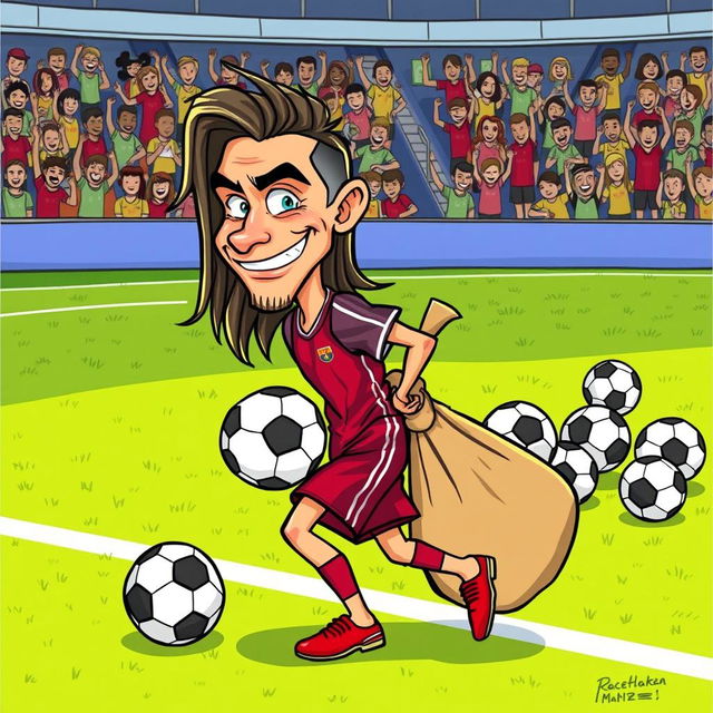 A humorous cartoon illustration of a character resembling a soccer player, with long hair similar to Neymar's, playfully sneaking past a soccer field with a comically large bag of stolen soccer balls