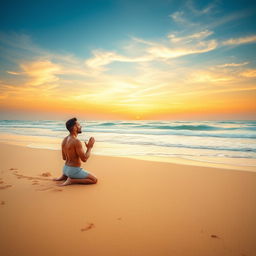 A serene scene of a lone man on his knees on a sandy beach, praying fervently under a vast, open sky