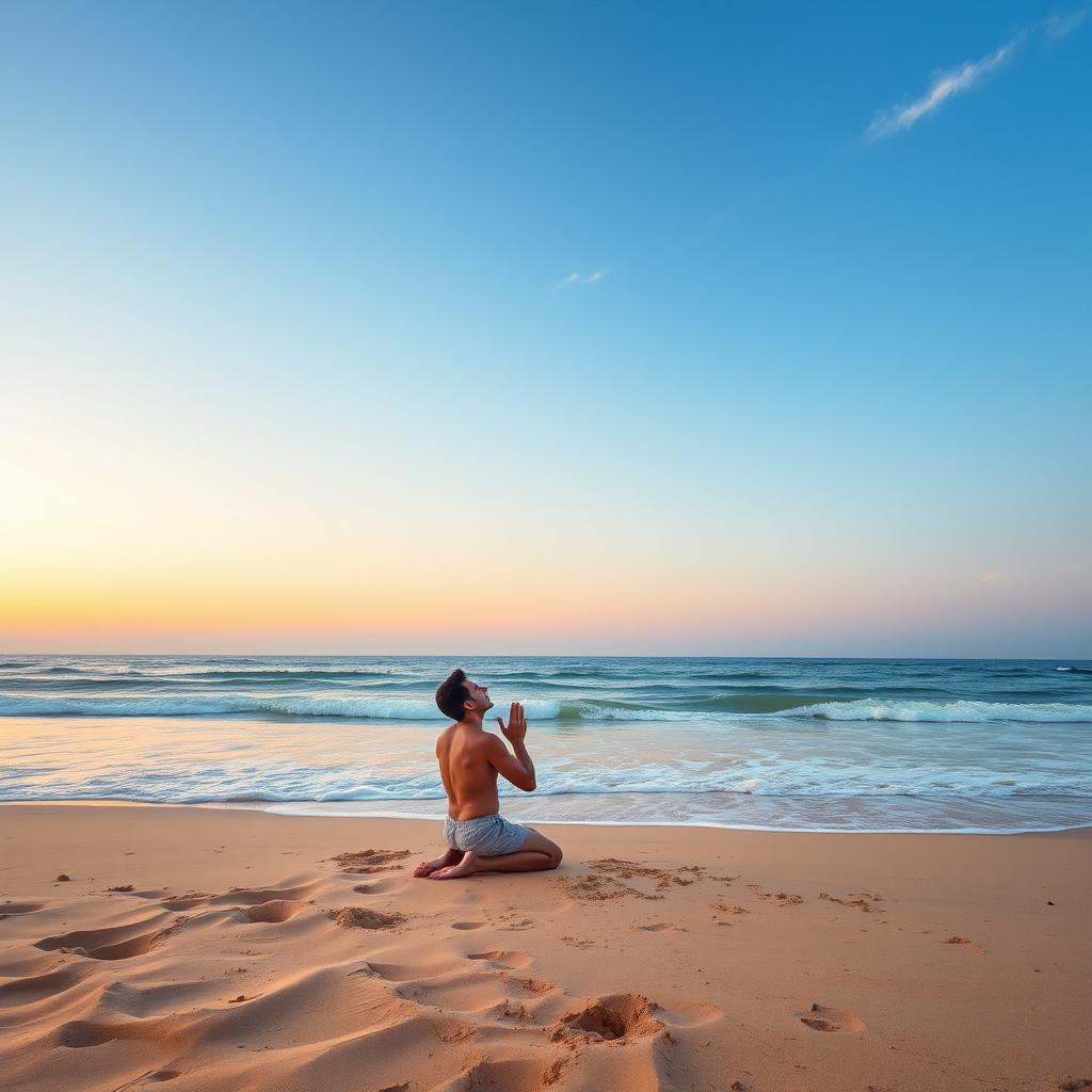 A serene scene of a lone man on his knees on a sandy beach, praying fervently under a vast, open sky