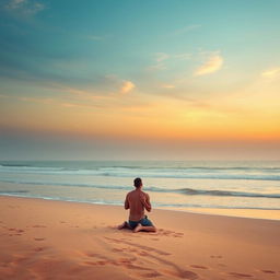 A serene scene of a lone man on his knees on a sandy beach, praying fervently under a vast, open sky
