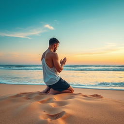 A serene scene of a lone man on his knees on a sandy beach, praying fervently under a vast, open sky