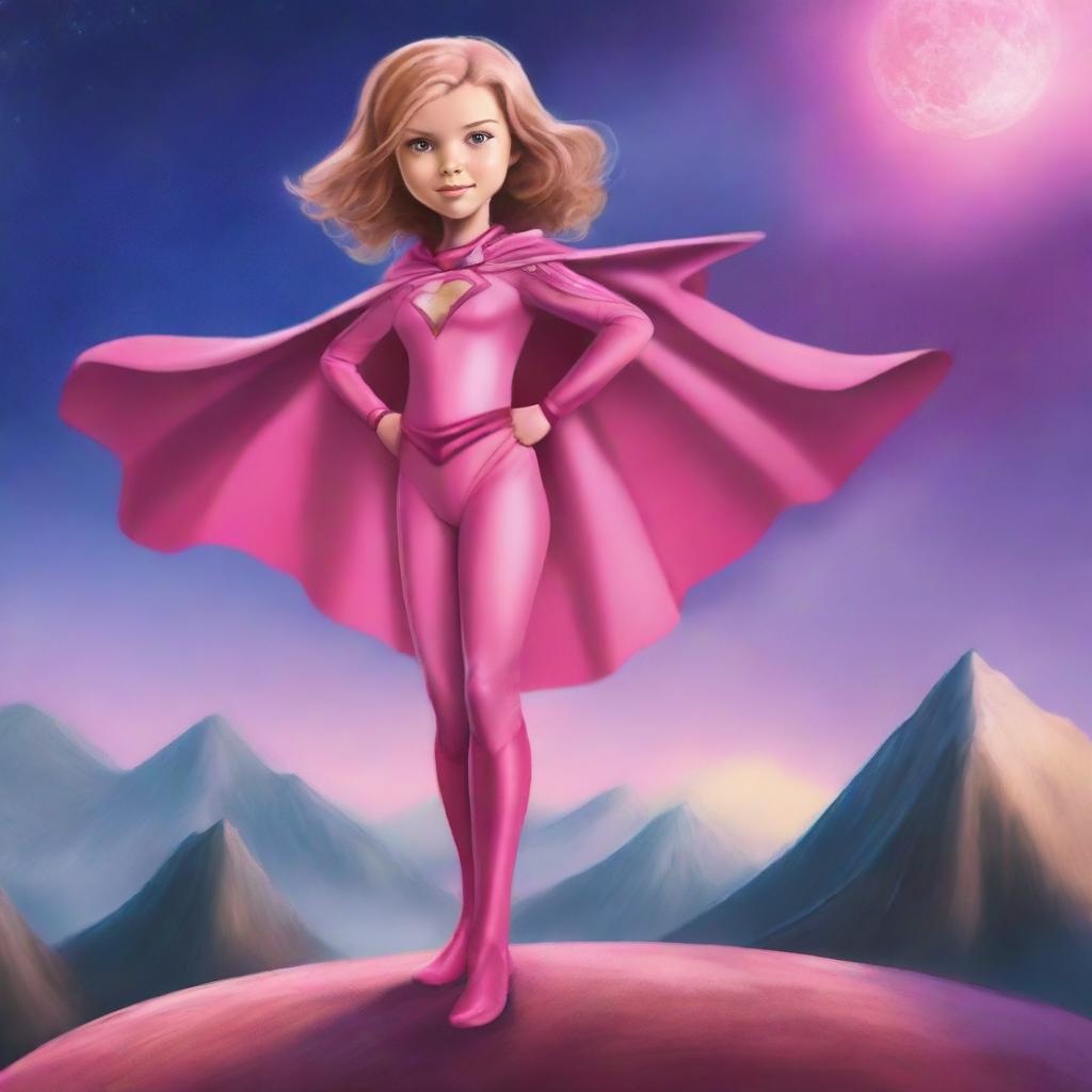 An endearing digital art image of a 10-year-old girl, adorned in a pink superhero costume with a matching cape, confidently standing atop planet Earth