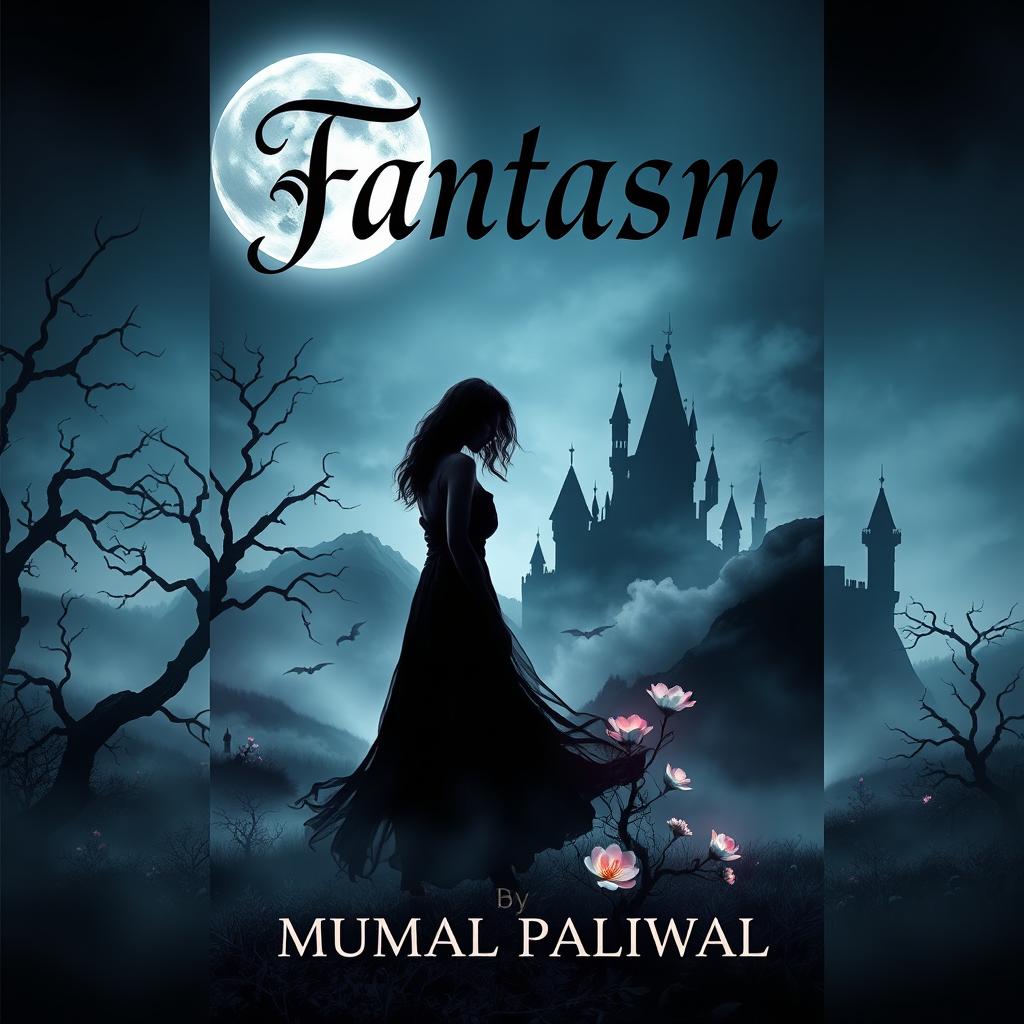 A mesmerizing book cover design for "Fantasm" by Mumal Paliwal, featuring elements of horror, fantasy, and romance