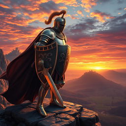 A majestic knight in shining armor stands bravely on a rocky cliff overlooking a vast landscape