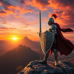 A majestic knight in shining armor stands bravely on a rocky cliff overlooking a vast landscape