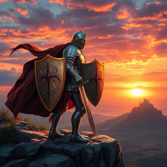 A majestic knight in shining armor stands bravely on a rocky cliff overlooking a vast landscape