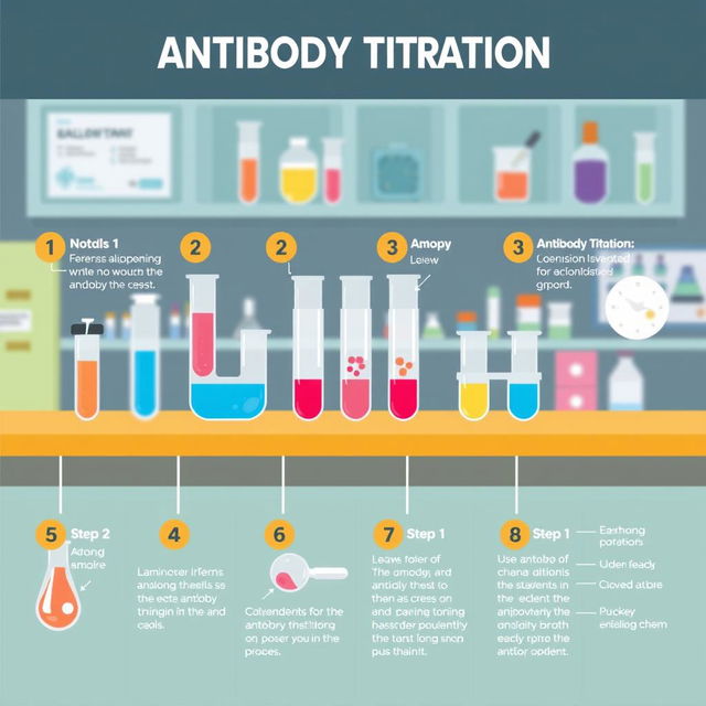 An engaging and informative illustration depicting the 11 steps of laboratory testing for antibody titration, creatively laid out on a stylized laboratory bench background