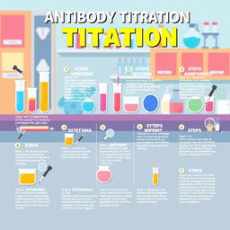 An engaging and informative illustration depicting the 11 steps of laboratory testing for antibody titration, creatively laid out on a stylized laboratory bench background