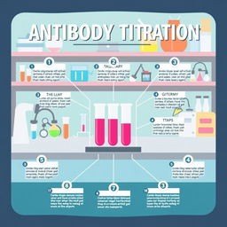 An engaging and informative illustration depicting the 11 steps of laboratory testing for antibody titration, creatively laid out on a stylized laboratory bench background