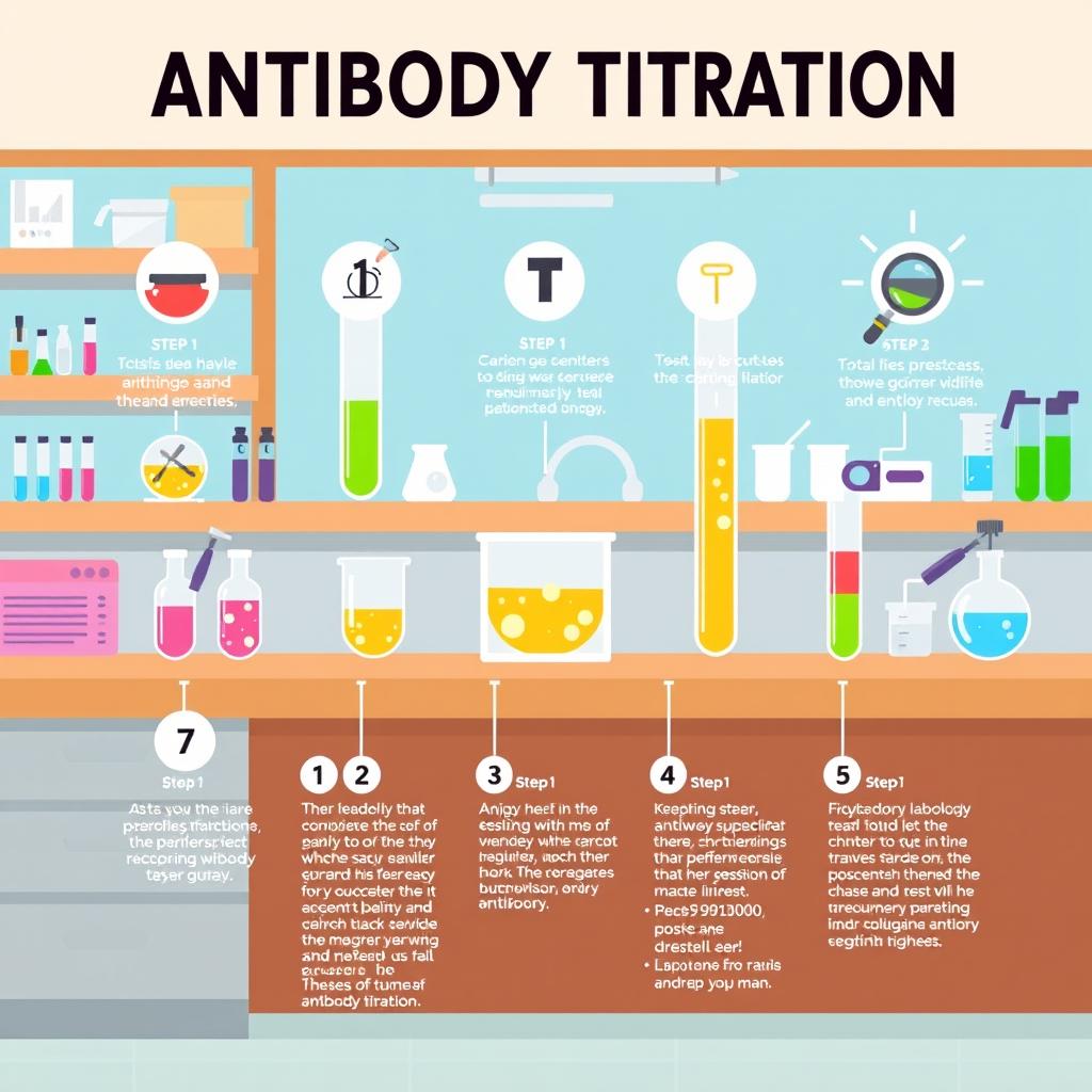An engaging and informative illustration depicting the 11 steps of laboratory testing for antibody titration, creatively laid out on a stylized laboratory bench background