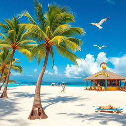 A vibrant, sunny beach scene in the Dominican Republic, showcasing palm trees swaying in the gentle breeze, soft white sand, and crystal-clear turquoise waters