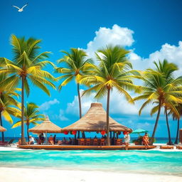 A vibrant, sunny beach scene in the Dominican Republic, showcasing palm trees swaying in the gentle breeze, soft white sand, and crystal-clear turquoise waters