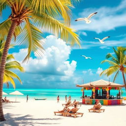A vibrant, sunny beach scene in the Dominican Republic, showcasing palm trees swaying in the gentle breeze, soft white sand, and crystal-clear turquoise waters