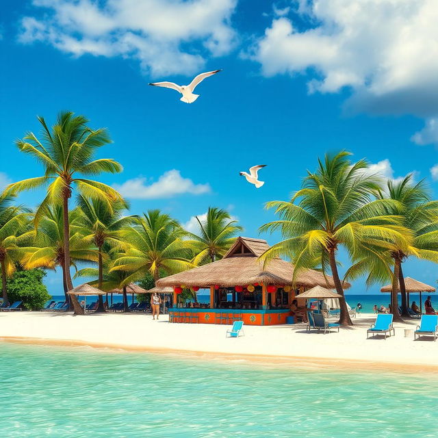 A vibrant, sunny beach scene in the Dominican Republic, showcasing palm trees swaying in the gentle breeze, soft white sand, and crystal-clear turquoise waters