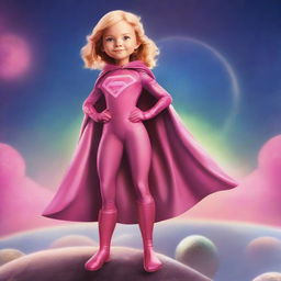 An endearing digital art image of a 10-year-old girl, adorned in a pink superhero costume with a matching cape, confidently standing atop planet Earth