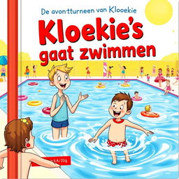 A vibrant and engaging book cover for the Dutch series titled 'De avonturen van Pookie & Kloekie', featuring the title 'Kloekie's gaat zwemmen'