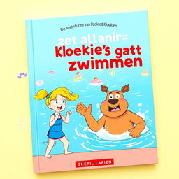 A vibrant and engaging book cover for the Dutch series titled 'De avonturen van Pookie & Kloekie', featuring the title 'Kloekie's gaat zwemmen'