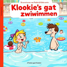 A vibrant and engaging book cover for the Dutch series titled 'De avonturen van Pookie & Kloekie', featuring the title 'Kloekie's gaat zwemmen'