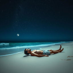 A serene scene depicting a man lying on the soft sand of a beach at night, gazing up at a vast, star-filled sky