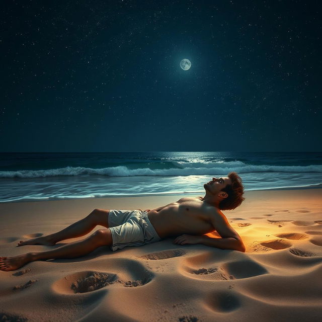 A serene scene depicting a man lying on the soft sand of a beach at night, gazing up at a vast, star-filled sky