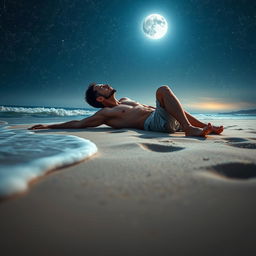 A serene scene depicting a man lying on the soft sand of a beach at night, gazing up at a vast, star-filled sky