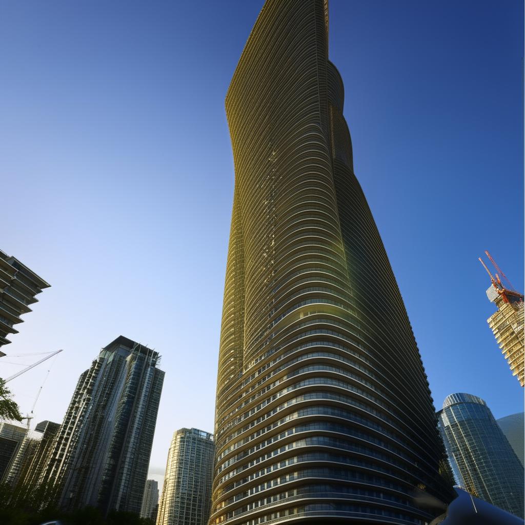 A massive, architecturally stunning skyscraper reaching up into a clear blue sky, casting long shadows around it.