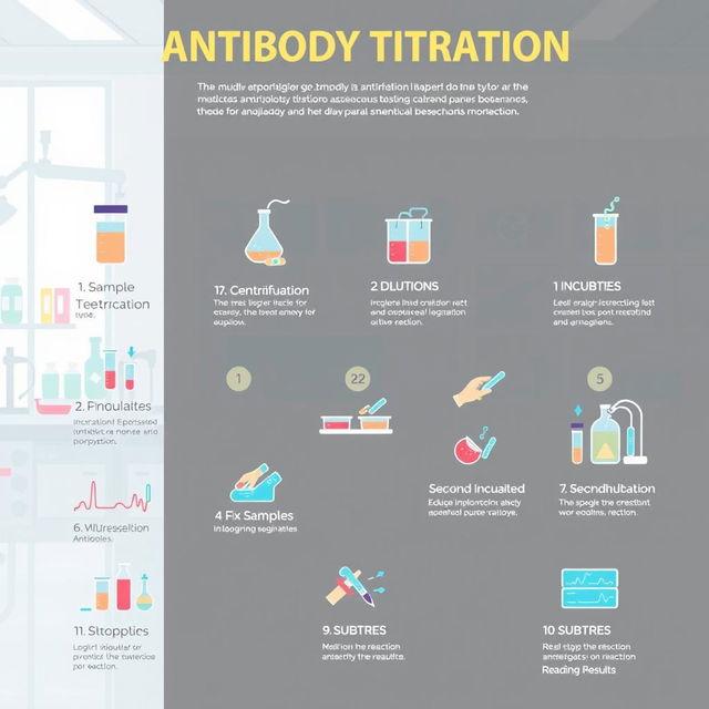 An educational illustration depicting the 11 steps of laboratory testing for antibody titration in a clean and modern lab setting