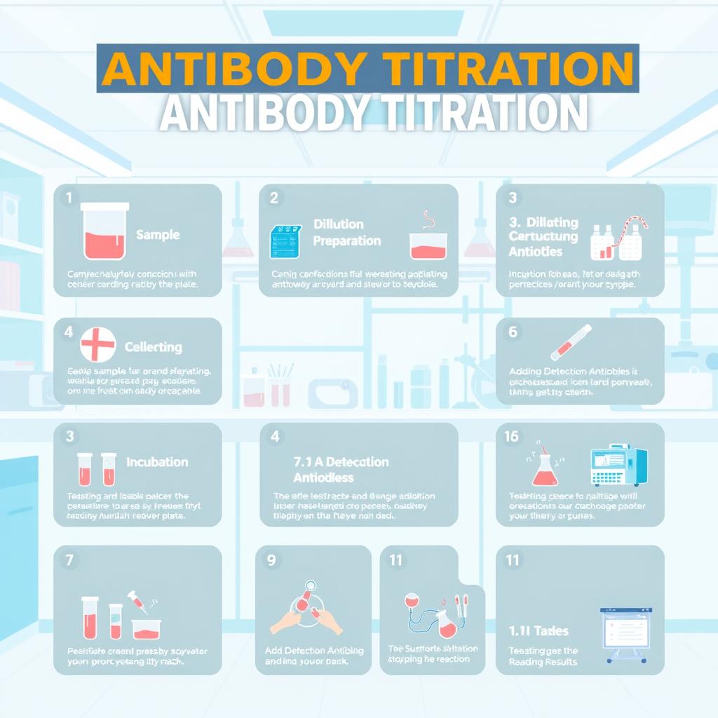 An educational illustration depicting the 11 steps of laboratory testing for antibody titration in a clean and modern lab setting