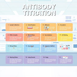 An educational illustration depicting the 11 steps of laboratory testing for antibody titration in a clean and modern lab setting