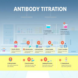 An educational illustration depicting the 11 steps of laboratory testing for antibody titration in a clean and modern lab setting
