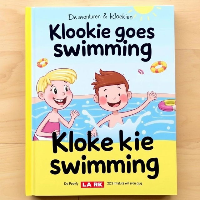 A vibrant and engaging book cover for the series 'De avonturen van Pookie & Kloekie', featuring the title 'Kloekie goes swimming'