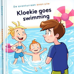 A vibrant and engaging book cover for the series 'De avonturen van Pookie & Kloekie', featuring the title 'Kloekie goes swimming'