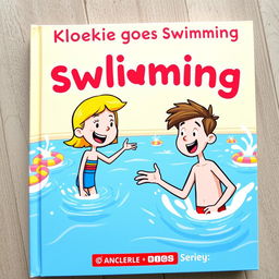 A vibrant and engaging book cover for the series 'De avonturen van Pookie & Kloekie', featuring the title 'Kloekie goes swimming'
