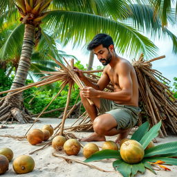 A man in casual, rugged clothing gathering wooden sticks and tying together strands of grass as he assembles a small, simple hut on a tropical island