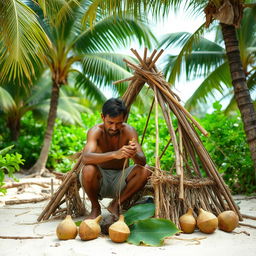 A man in casual, rugged clothing gathering wooden sticks and tying together strands of grass as he assembles a small, simple hut on a tropical island