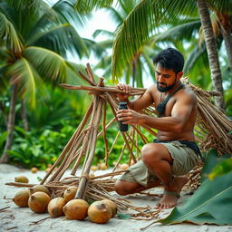 A man in casual, rugged clothing gathering wooden sticks and tying together strands of grass as he assembles a small, simple hut on a tropical island
