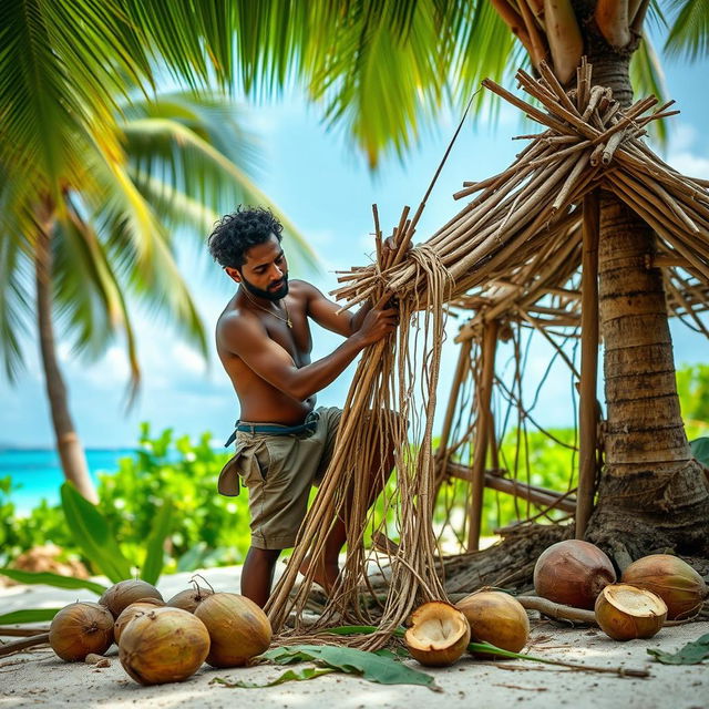 A man in casual, rugged clothing gathering wooden sticks and tying together strands of grass as he assembles a small, simple hut on a tropical island