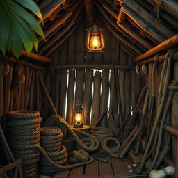 The interior of a makeshift hut crafted from wooden planks and large tropical leaves, creating a rustic and cozy atmosphere