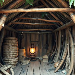 The interior of a makeshift hut crafted from wooden planks and large tropical leaves, creating a rustic and cozy atmosphere