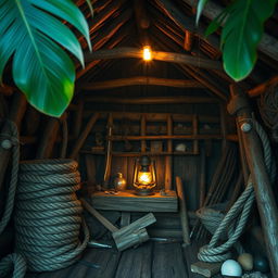 The interior of a makeshift hut crafted from wooden planks and large tropical leaves, creating a rustic and cozy atmosphere
