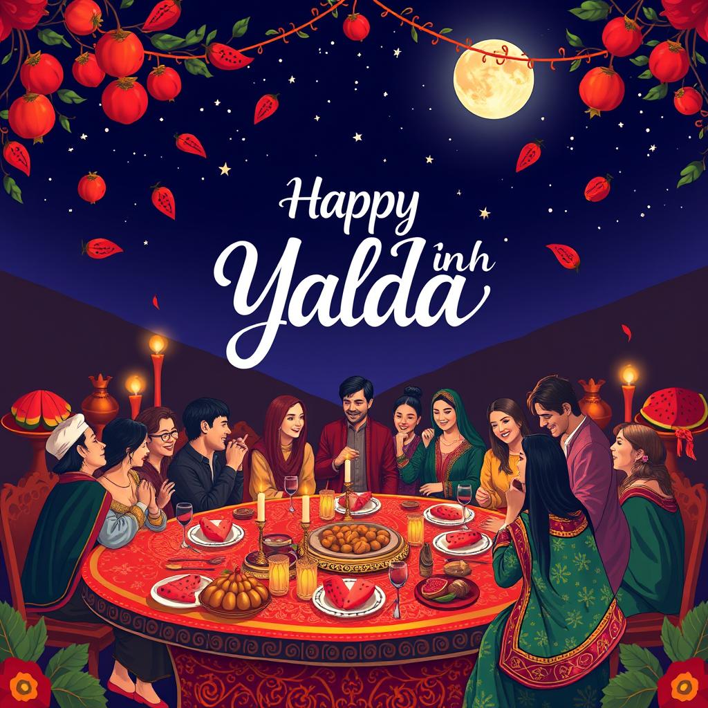 A vibrant and festive poster celebrating Yalda Night, featuring traditional elements like pomegranates, watermelon, and nuts