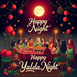 A vibrant and festive poster celebrating Yalda Night, featuring traditional elements like pomegranates, watermelon, and nuts