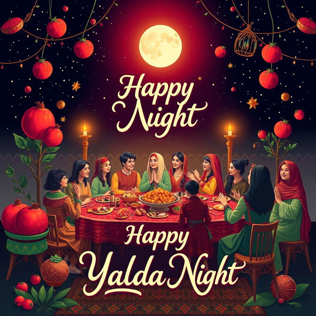 A vibrant and festive poster celebrating Yalda Night, featuring traditional elements like pomegranates, watermelon, and nuts