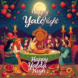 A vibrant and festive poster celebrating Yalda Night, featuring traditional elements like pomegranates, watermelon, and nuts