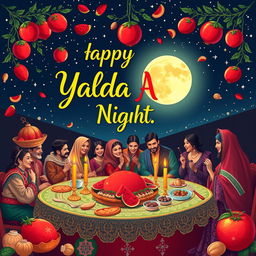 A vibrant and festive poster celebrating Yalda Night, featuring traditional elements like pomegranates, watermelon, and nuts