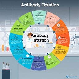 An informative and visually engaging illustration depicting the 11 steps of an Antibody Titration laboratory testing process