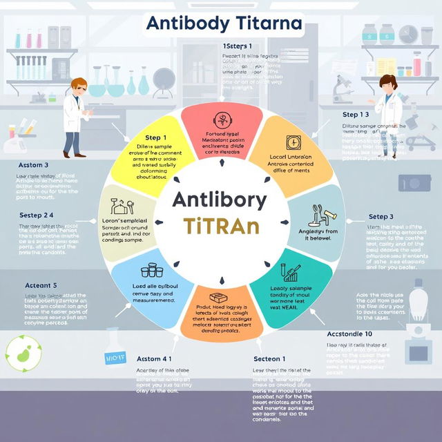 An informative and visually engaging illustration depicting the 11 steps of an Antibody Titration laboratory testing process